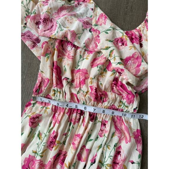 Aakaa Women's Formal Floral Smocked Off Shoulder Pink Roses Maxi Dress Sz Small - Picture 7 of 10